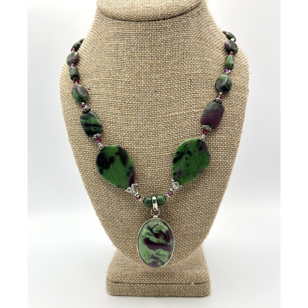 Vintage Sajen Sterling Silver Ruby Zoisite Pendant Necklace 89$